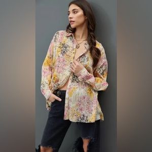 Pilcro Pink and Yellow Oversized Blouse with Notched Collar